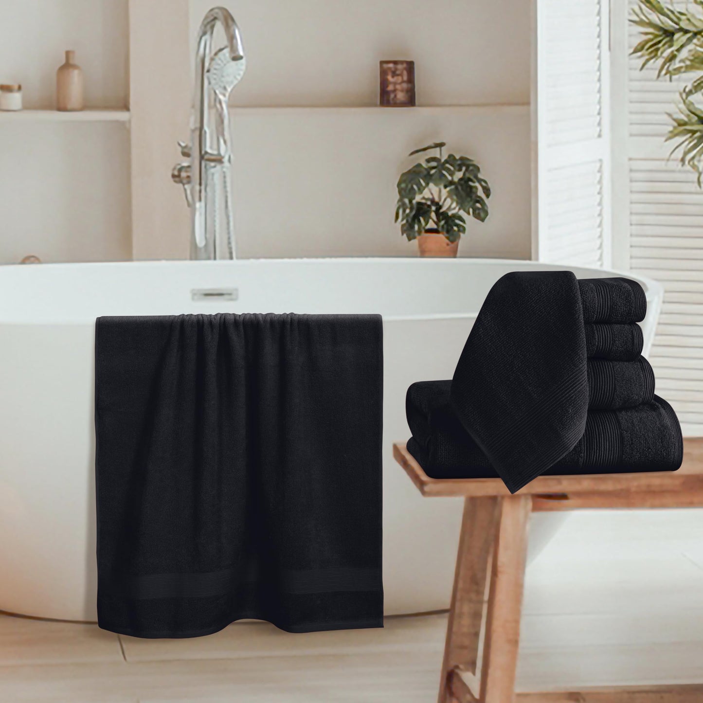 Belizzi Home 8 Piece Towel Set 100% Ring Spun Cotton, 2 Bath Towels 27x54, 2 Hand Towels 16x28 and 4 Washcloths 13x13 - Ultra Soft Highly Absorbent Machine Washable Hotel Spa Quality - Black