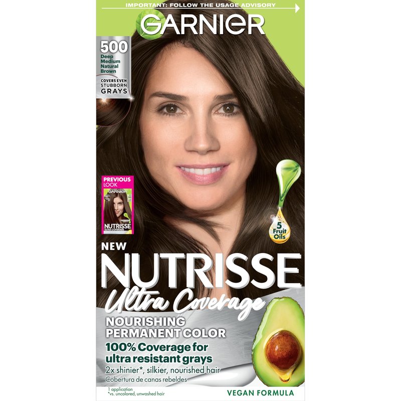 Garnier Nutrisse Ultra Coverage Hair Color, Permanent Hair Dye for Up to 8 Weeks of Stubborn Gray Coverage, Vegan & Cruelty-Free, 500 Deep Medium Natural Brown (Glazed Walnut), 1 Count