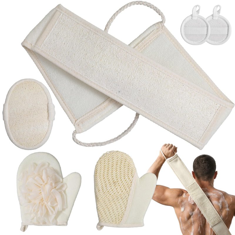 Afcabakila Natural Loofah Sponge Exfoliating Body Scrubber for Shower and Bath, Pack of 6 Pads & Glove, Natural Egyptian Luffa for Men and Women, Eco-Friendly Face and Body Clean