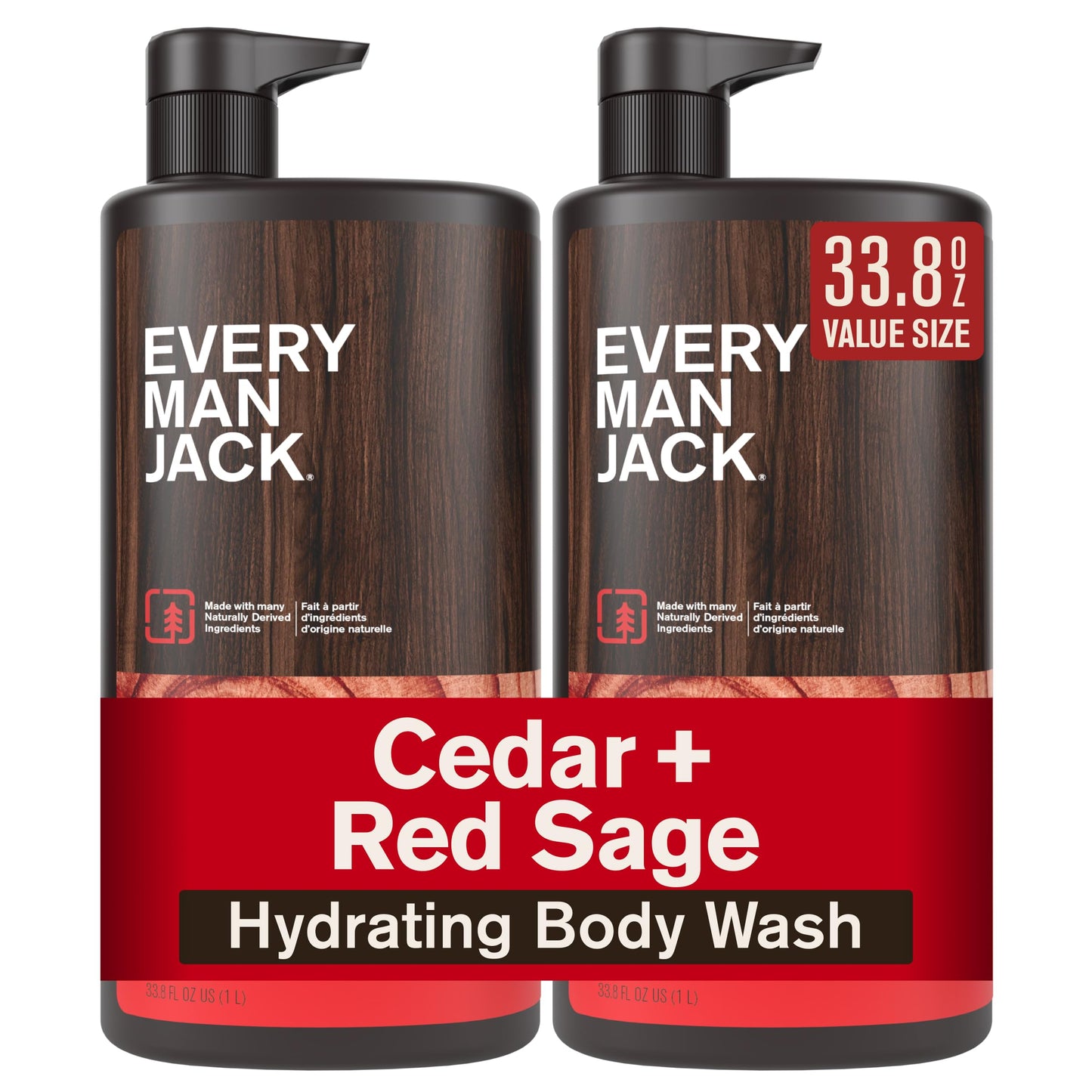 Every Man Jack Cedar + Red Sage Mens Body Wash for All Skin Types - Cleanse, Hydrate, and Smell Great - Free of Parabens, Phtalates, and Dyes - 33.8 fl oz (2 Pack)
