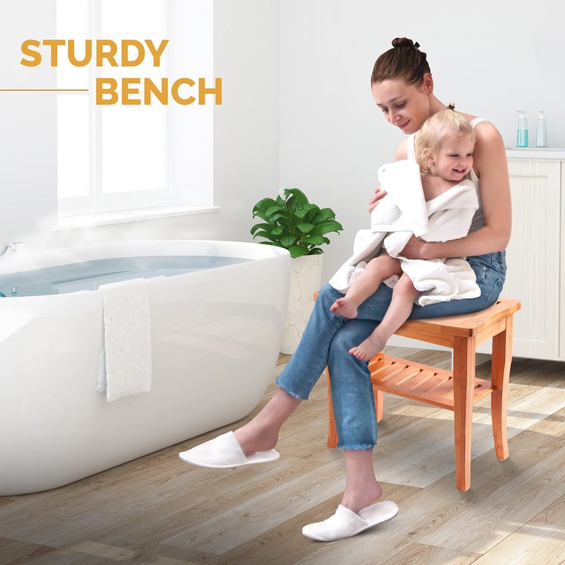 Bambüsi Bamboo Shower Bench Spa Stool - Wood 2-Tier Seat, Foot Rest Shaving Stool with Non-Slip Feet + Storage Shelf - Seat or Organizer for Bathroom, Living Room, Bedroom and Garden Décor