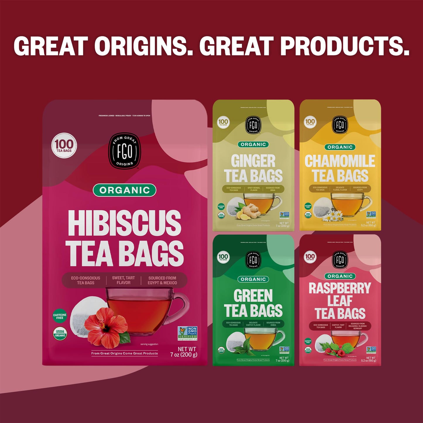 FGO Organic Hibiscus Tea, 100 Count, Eco-Conscious Tea Bags, Caffeine Free, Packaging May Vary (Pack of 1)