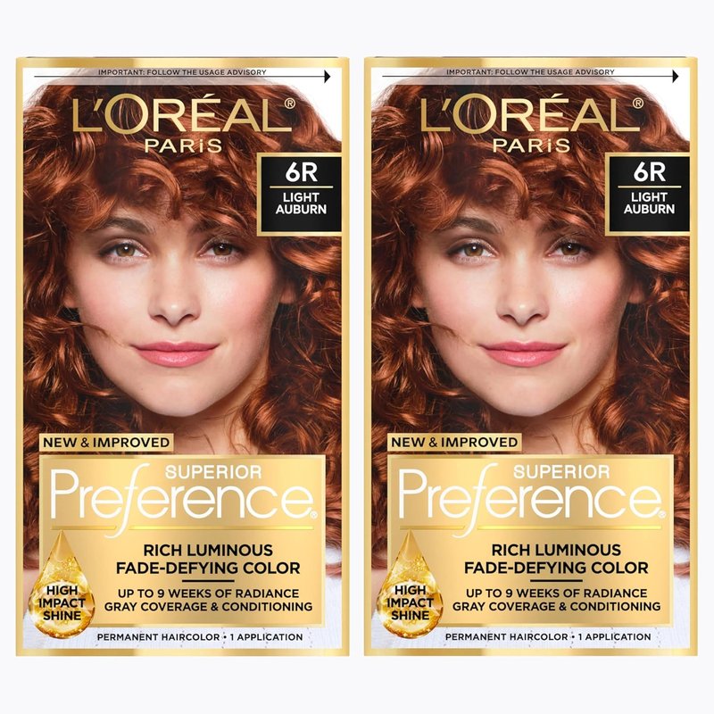 L'Oreal Paris Hair Color - Superior Preference Light Auburn 6R | Fade-Defying Permanent Dye for 9 Weeks of Radiance (2 Kits)