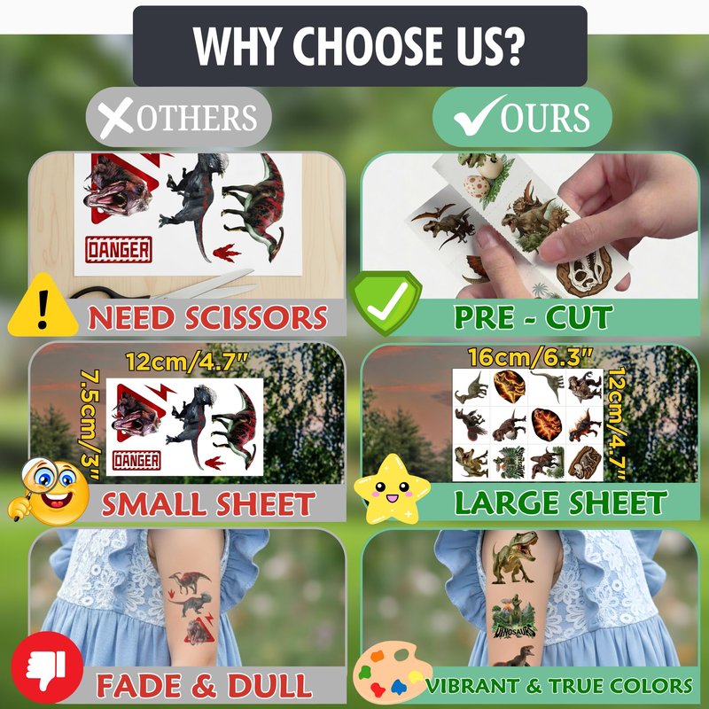 96PCS Dinosaur Temporary Tattoos Stickers - Dinosaur Themed Birthday Party Favors Birthday Party Decorations Supplies Accessories Gift Idea For Kids Teen Boys Girls Classroom Prizes Rewards