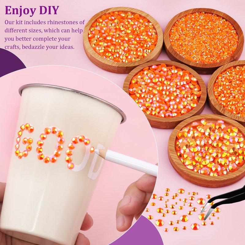 25000Pcs Resin Rhinestones for Crafting, Orange AB 2-6mm Mixed Sizes Non Hotfix Flatback Gems with 1Pcs Glue, Bedazzling Crystal for DIY Craft Clothing Mugs Tumblers Shoes Fabric Decor Nail Art