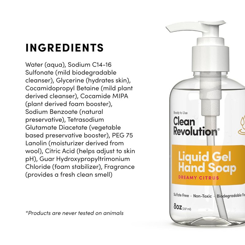 Clean Revolution Liquid Gel Hand Soap - Silky Rich Formula with Real Essential Oils | Dreamy Citrus, 8 Fl Oz (Pack of 6)