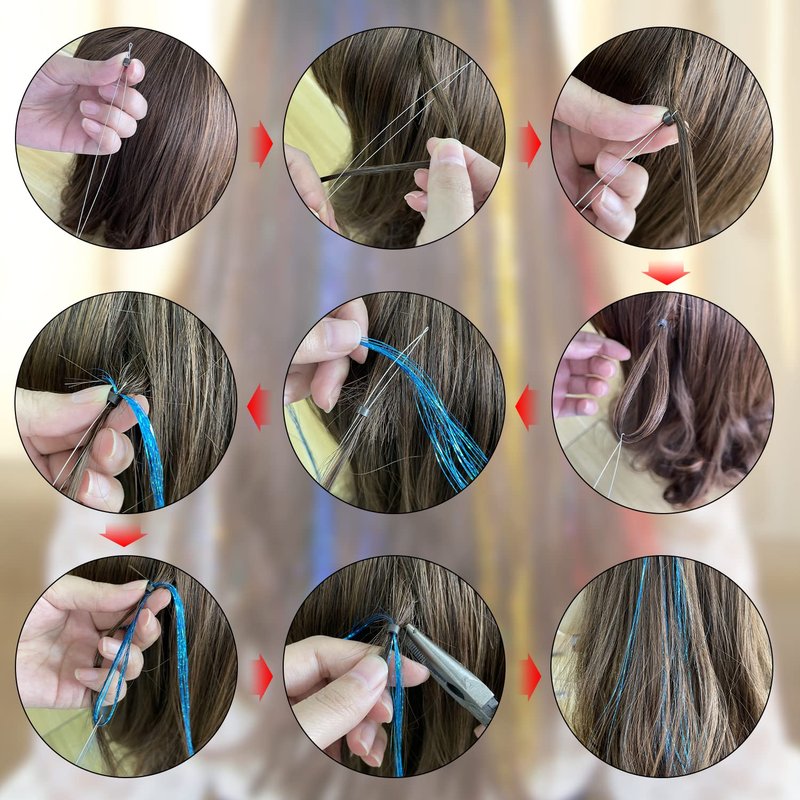 Leuceiy 18 Colors Hair Tinsel Kit, 48 Inch Hair Extensions With Tool, 5400 Strands Sparkling Dazzle Glitter Shiny Fairy Hair Heat Resistant for Girls Women Christmas New Year Festival Party