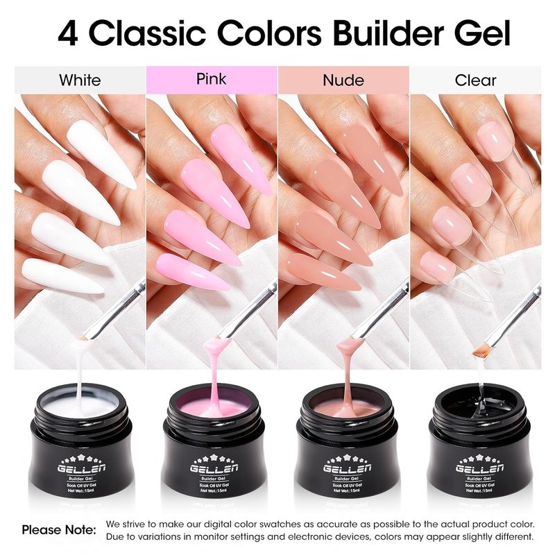 Builder Gel Set for Nails - 10 in 1 Hard Nail Extension Poly Gel | Soak Off UV Polish, 4 Colors: Clear, Milky White, Classic Pink, Nude