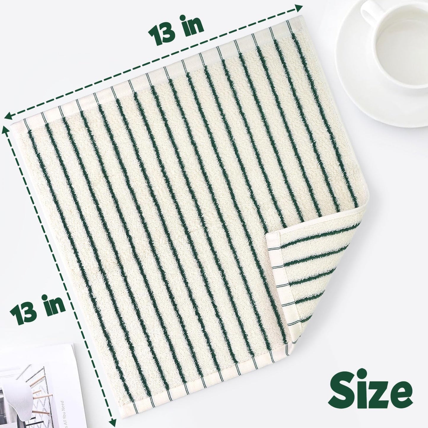 Jacquotha Striped Cotton Washcloths 12 Pack, 13” x 13” - Soft Wash Cloths for Bathroom, Kitchen, Gym, Face, Green and Cream