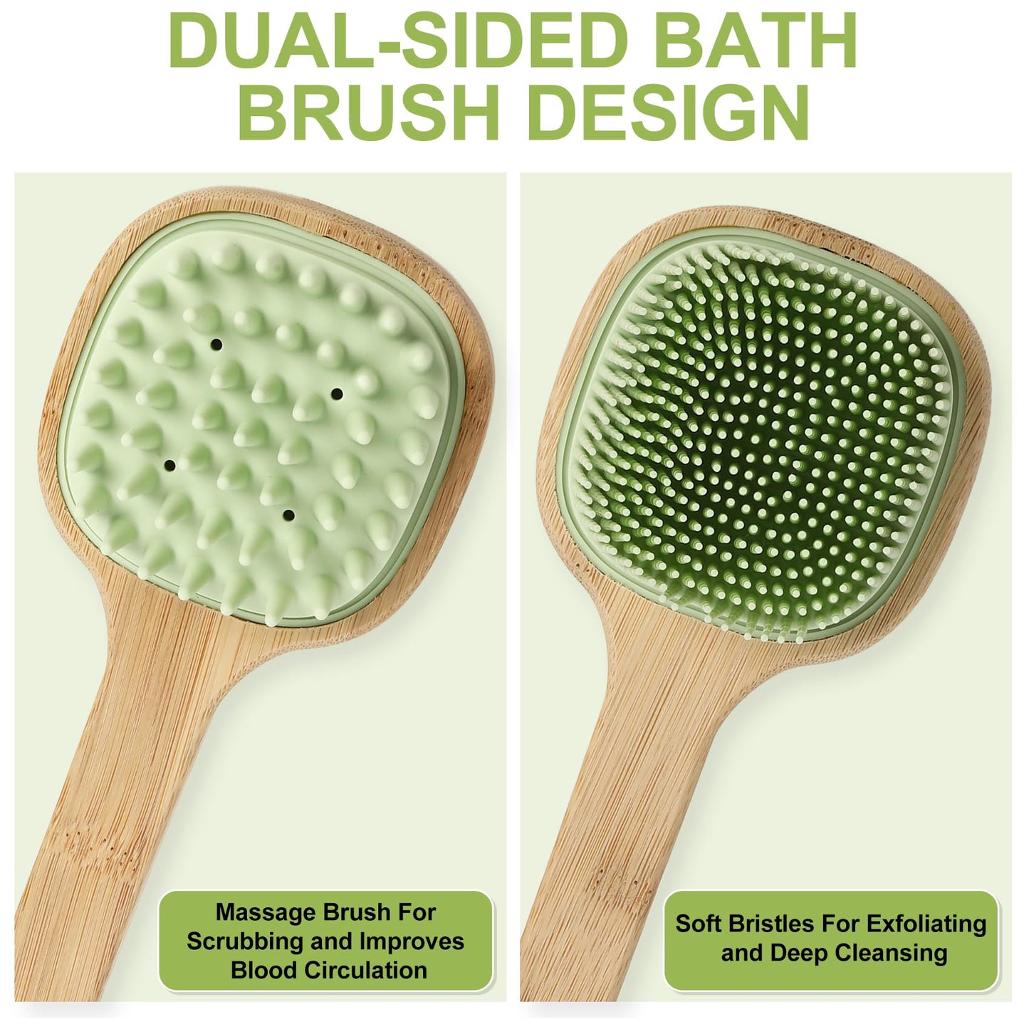 Silicone Back Scrubber for Shower, Silicone Bath Body Brush Loofah with Long Handle, Dual-Sided Shower Brush for Body, Green Exfoliating Body Scrubber for Men Women, Back Washer for Men with Hook