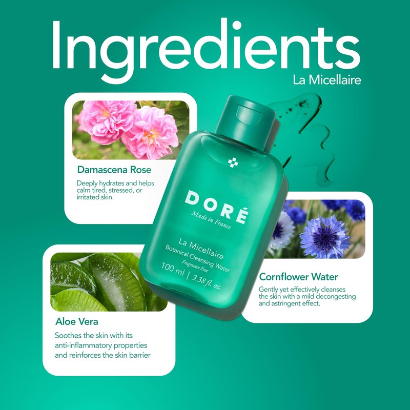Doré La Micellaire Water Travel Size for Waterproof Makeup, Hydrating Facial Cleanser & Eye Makeup Remover, Suitable for Sensitive Skin, Removes Excess Oil and Dirt (3.4oz)