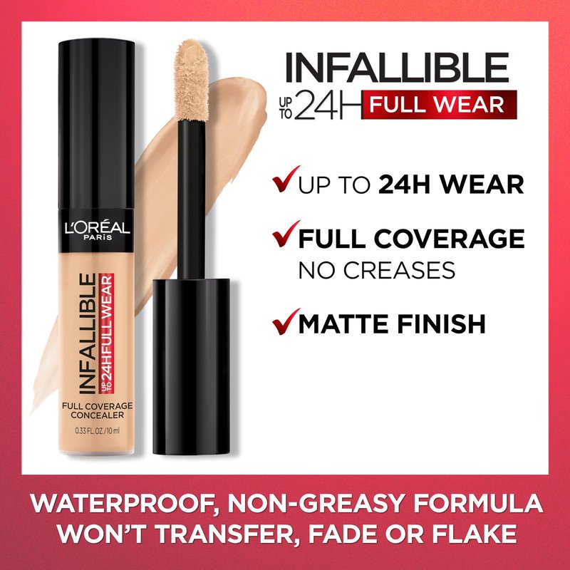 L'Oreal Paris Makeup Infallible Full Wear Waterproof Matte Concealer, Full Coverage, Cashew, 0.33 fl. oz.