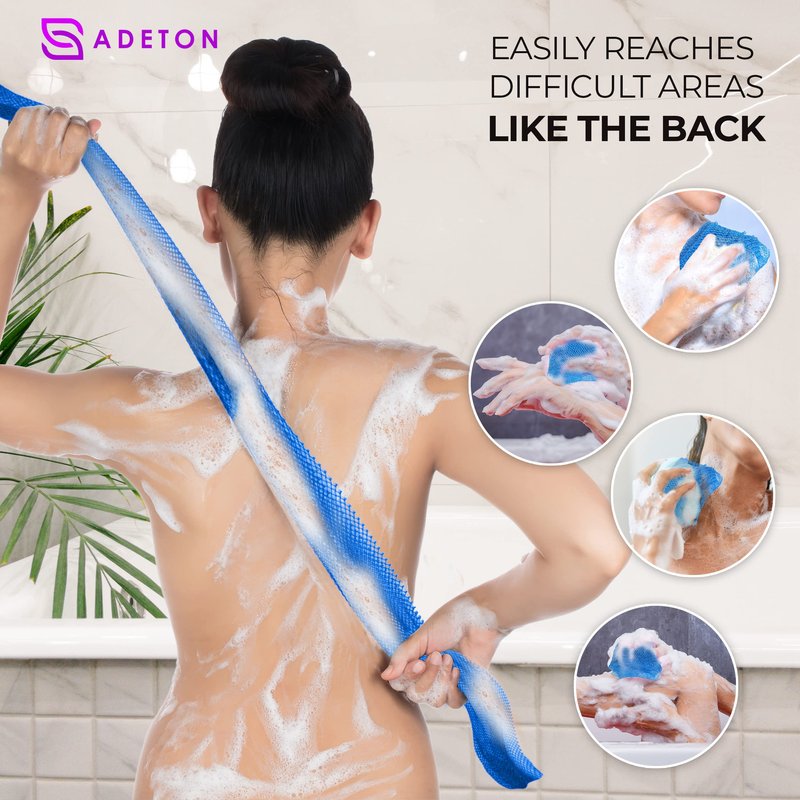 Adeton African Net Sponge, Exfoliating Body Scrubber, Body Exfoliator, Long Net Sponge, 17 Colors, Sapo, Shower Bath Accessories, Back Foot Scalp Scrub, Flat Dead Skin Remover Body Wash (Sky Blue)
