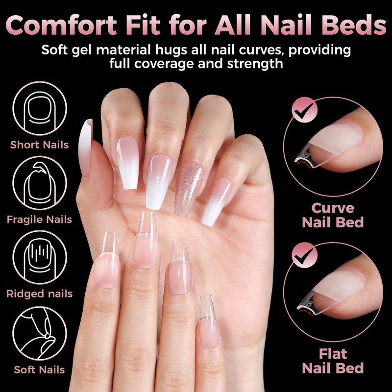 Luckyfairy Medium Gel Coffin Nail Tips, 240pcs Soft Gel Pre-Shaped Acrylic Fake Nails, Half Matte Full Cover Clear Press on Flase Nail Tips for Extension Nail Manicure Home DIY 12 Sizes Gelly Tips