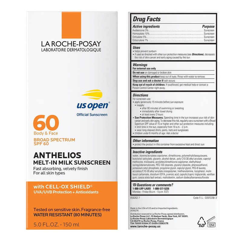 La Roche-Posay Anthelios Melt-In Milk Sunscreen SPF 60, Sunscreen For Body & Face, Broad Spectrum SPF + Antioxidants, Oil Free, Lightweight & Fast Absorbing, Oxybenzone Free