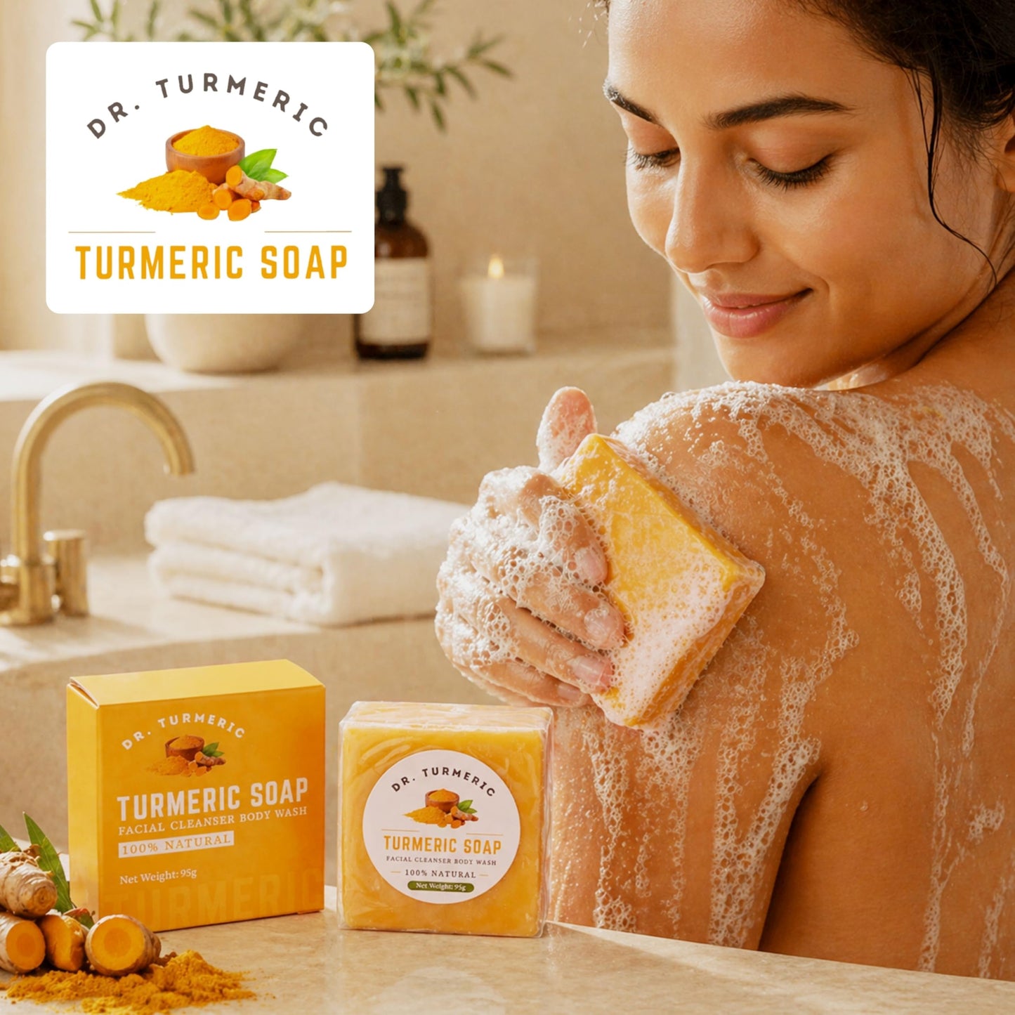 Turmeric Soap Bar for Face & Body | Vegan Skin Cleanser for Smooth, Moisturized & Radiant-Looking Skin | Rich Lather, Deep Cleansing & Refreshing Scent | 1 Bar