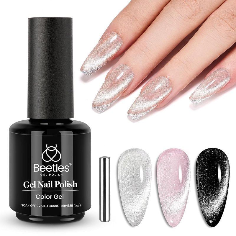 Beetles Silver Cat Eye Gel Nail Polish - 15ML Silver Glitter Cat Eye Gel Polish with Magnet Soak Off UV Velvet Nail Polish Salon DIY Manicure Gift for Women