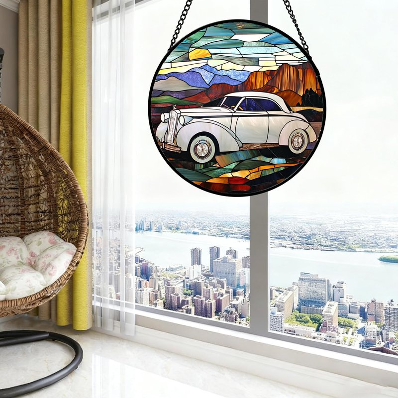 QZQCBLC Stained Glass Window Hanging Retro Desert Car Landscape 6.3" - White Suncatcher Door Terrace Garden Home Decor Birthday Christmas for Mom Men Woman Friend Nana Wife