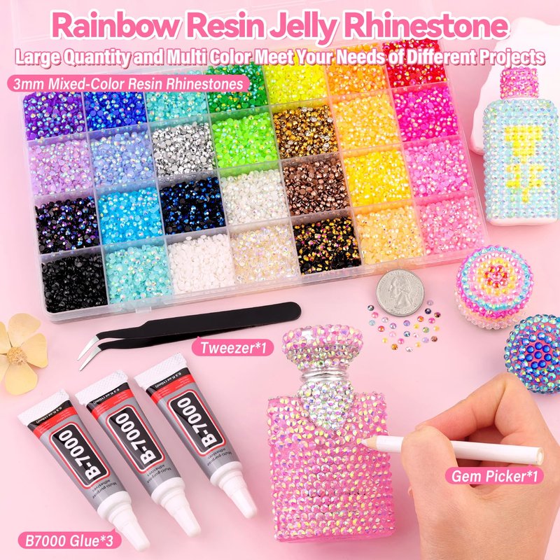 34000Pcs Resin Rhinestones for Bedazzling Kit, Mixed-Color 3mm Bedazzled Crystal with 3Pcs 10ml B7000 Jewelry Glue, Flatback Gems for DIY Crafts Clothing Nail Art Makeup