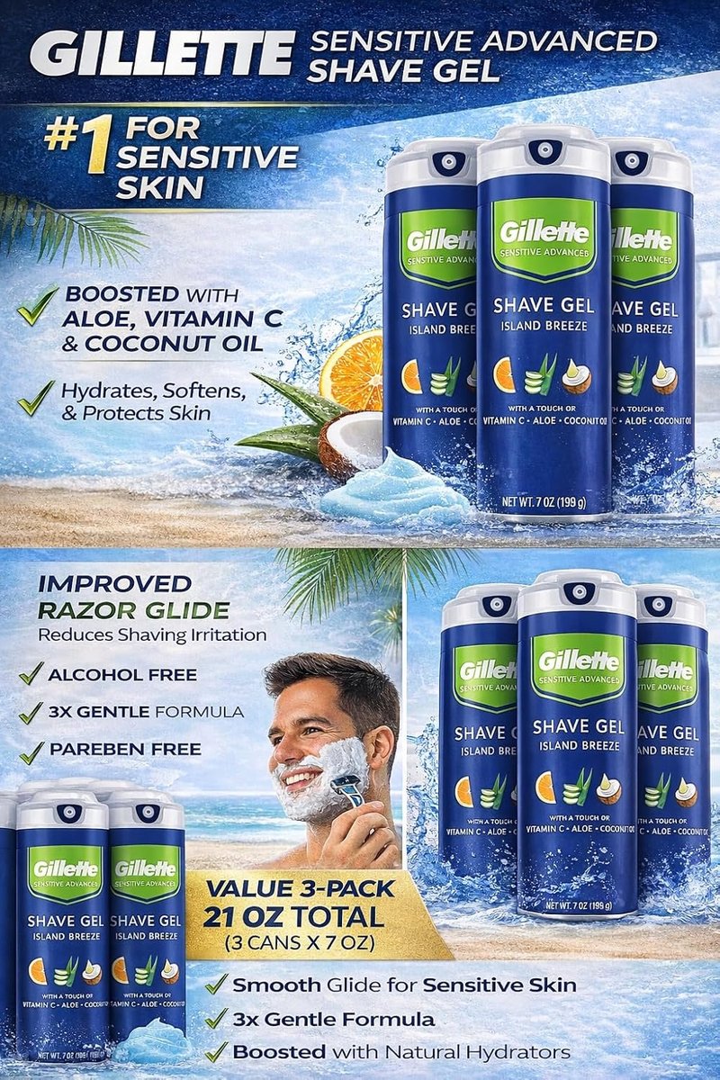 Gillette Sensitive Plus Island Breeze - Alcohol-Free Shaving Gel with Aloe & Vitamin C | 3 Pack
