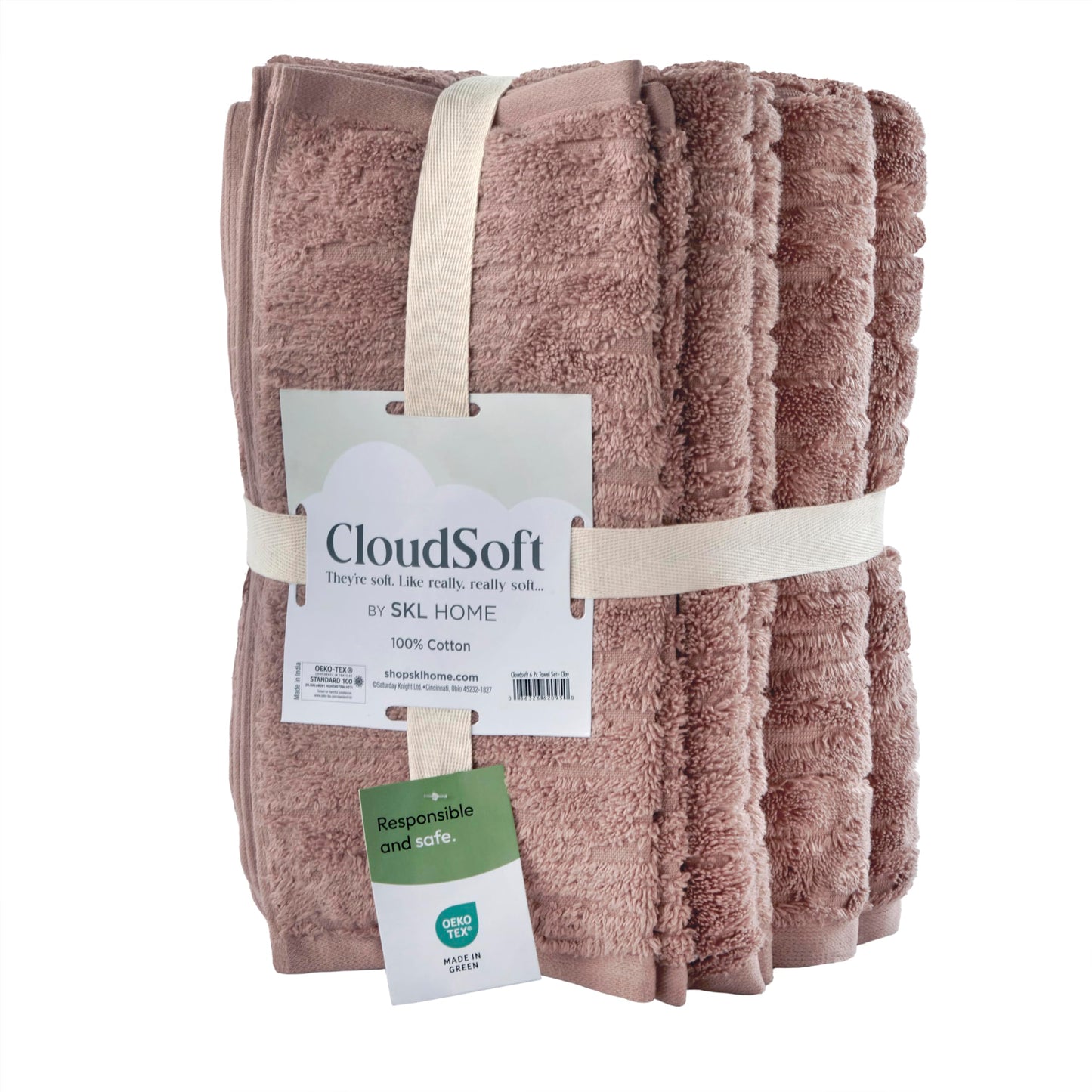 SKL Home CloudSoft 100% Cotton Luxury 6-Piece Towel Set, 600 GSM, Ultra Plush & Absorbent - 2 Bath Towels, 2 Hand Towels, 2 Washcloths, Clay