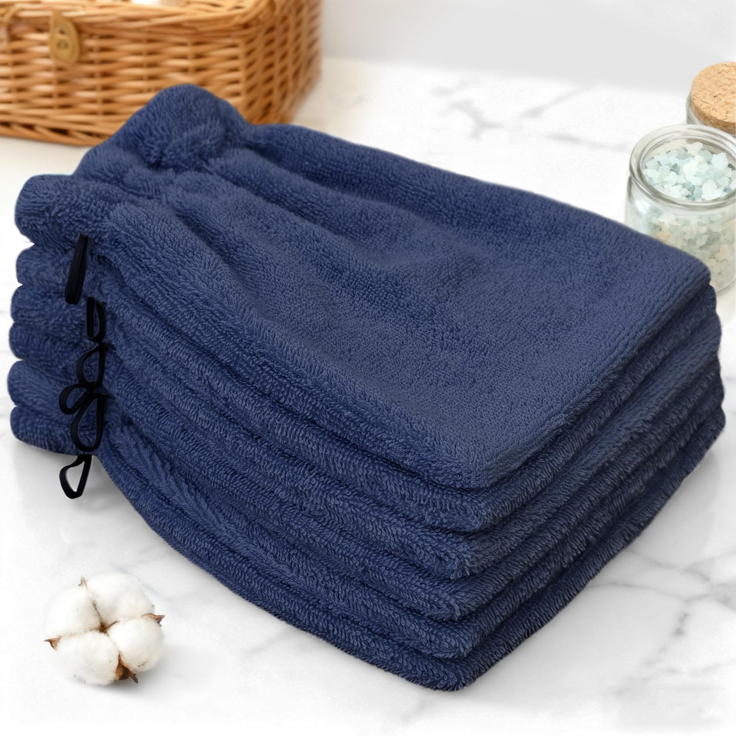 VOOVA & MOVAS 6-Pack Bath Mitts for Shower, 100% Cotton Soft Absorbent Wash Cloths with Hanging Loop, 8.3x6.3 Inch European Style Bathing Gloves for Body & Spa, Navy