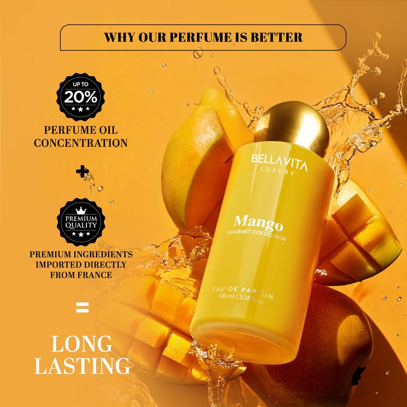 Bellavita Luxury Mango Eau de Parfum | 100 ml (3.4 fl.oz.) | Perfume for Men and Women | Gourmet, Mango, Ylang, and Siam Benzoin Notes | Long Lasting Unisex Fragrance