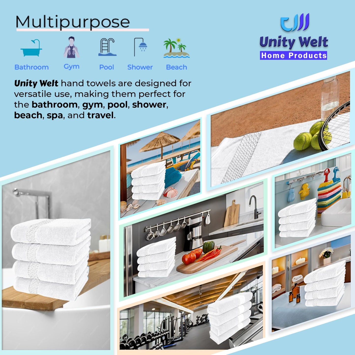 Unity Welt 100% Cotton Hand & Face Towels - Pack of 4, Size 28 x16 inch (70x40 cm), 600 GSM, Soft, Absorbent & Multipurpose for Gym, Spa, or Everyday Use (White)