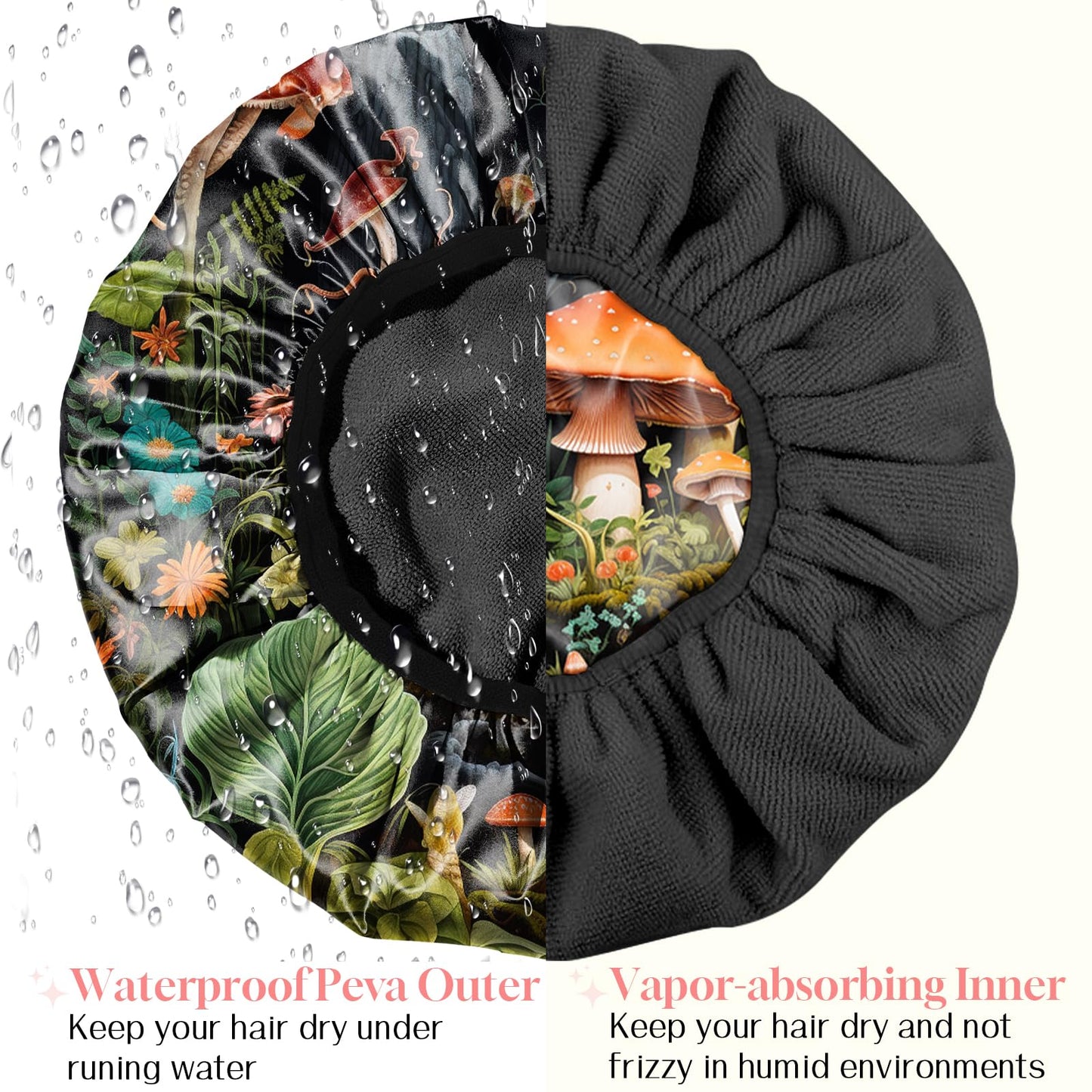 Zewurtuw Luxury Shower Cap Terry Cloth Lined EVA Waterproof Reusable Triple Layer Elastic Hair Bath Caps for Women Girls Cute (C5-Mushroom)