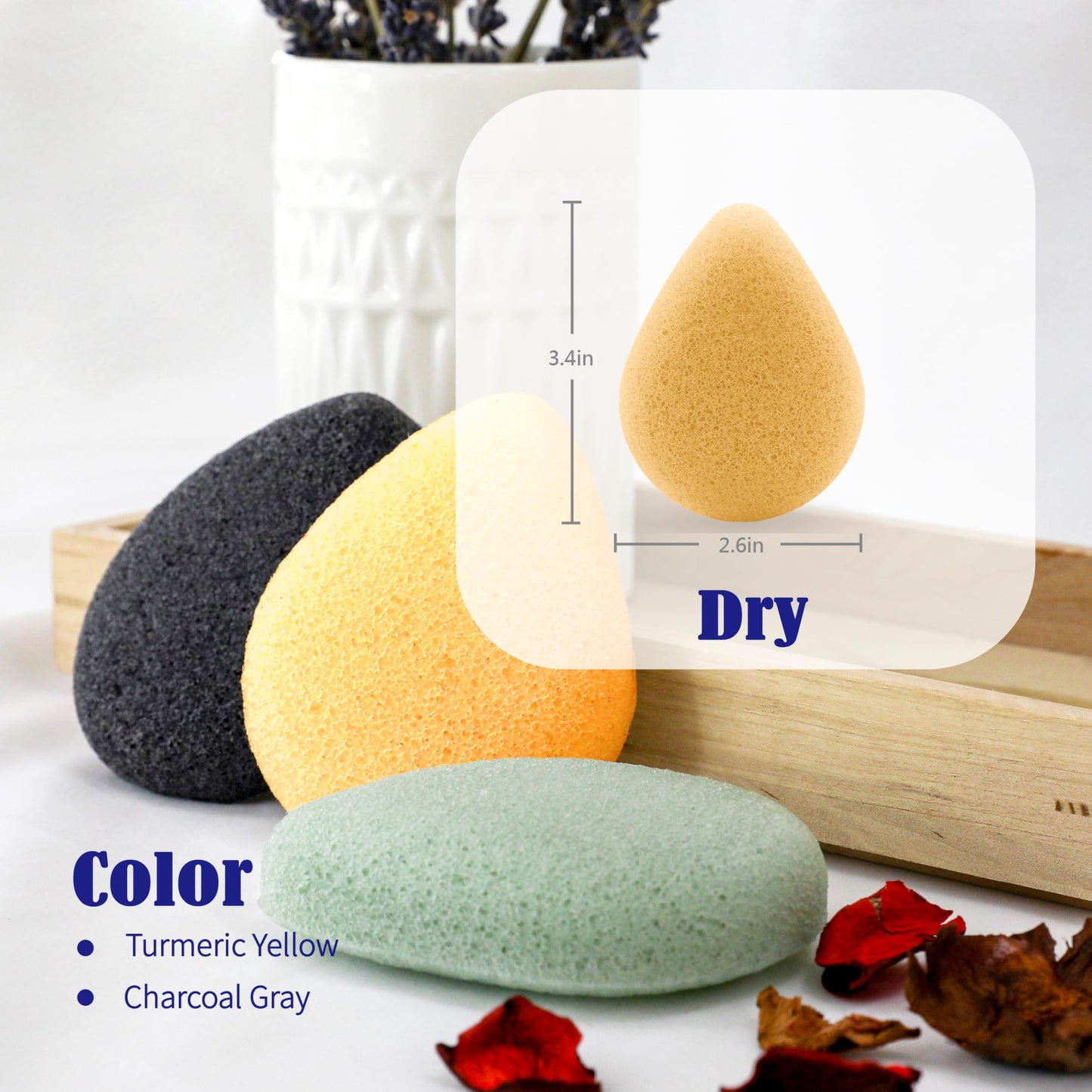 myHomeBody Natural Konjac Facial Sponges – Teardrop Shape - for Gentle Face Cleansing and Exfoliation - with Activated Charcoal and Turmeric Yellow, Set of 4