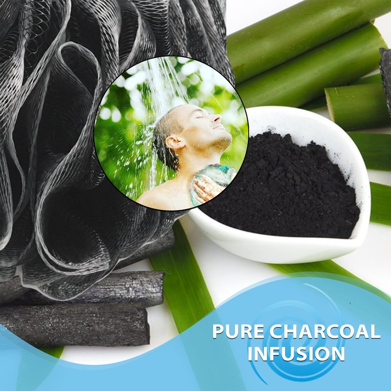 SHOWER BOUQUET Loofah-Charcoal Bath-Sponge XL-Color-4-Pack // Extra Large 75g Soft Mesh Black Luffa Loofa Loufa Puff Set/Exfoliating Body Scrubber for Women and Men - Exfoliate & Soothe Face & Body