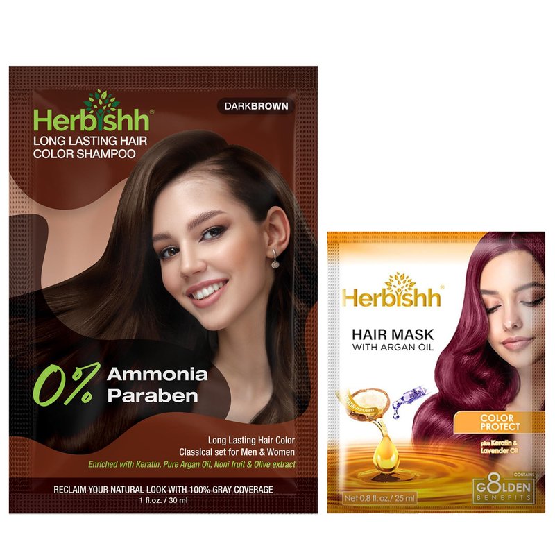 Herbishh 1 Hair Dye Instant Permanent Shampoo 3 in 1 for Gray Hair, 100% Grey Coverage for Men & Women + 1 Hair Mask with Argan oil, Long-lasting & Travel-friendly, Ammonia-free, 30 ml (Dark Brown)