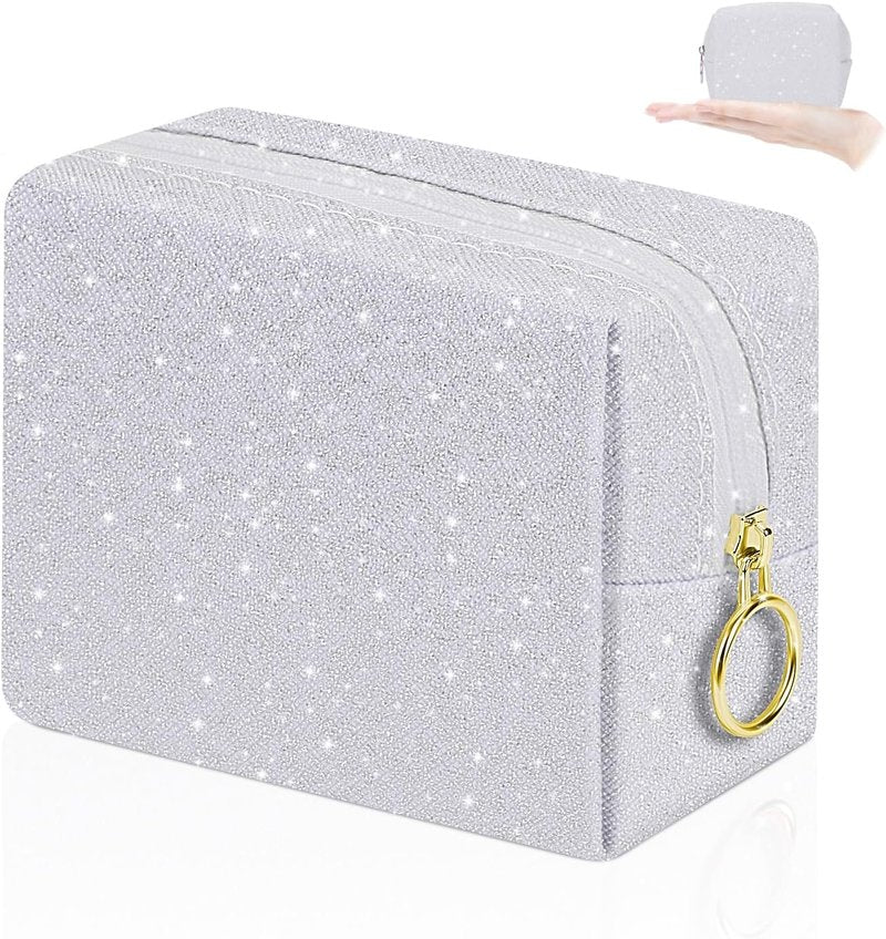 Mini Makeup Bag - Portable Soft PU Leather Cosmetic Pouch | Glitter White Travel Lipstick Holder