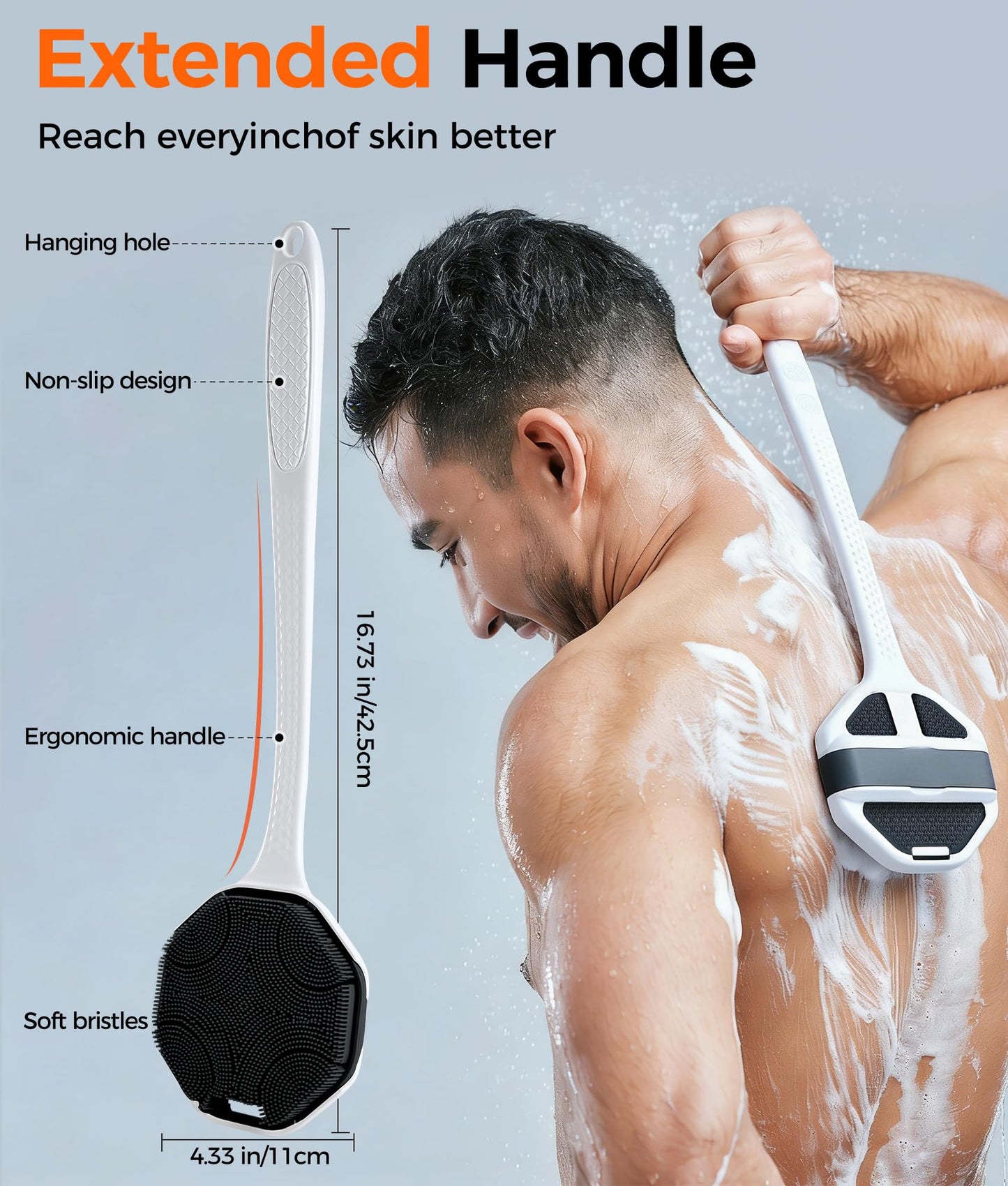 EaTubano Back Scrubber for Shower, 2 Pack Silicone Body Scrubber with Long Handle, Soft Bristles Gentle Exfoliating Bath Brush for Deep Cleansing, Black + Pink