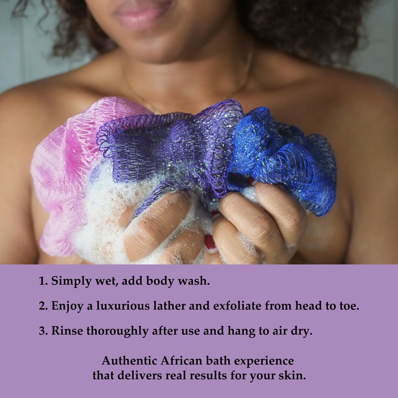 Rominetak African Net Sponge Authentic, 2 Pieces African Exfoliating Net Sponge with Knots, Quick-Drying Body Scrub Net, Bath Washcloth Loofah for Women and Men (Black+Pink)