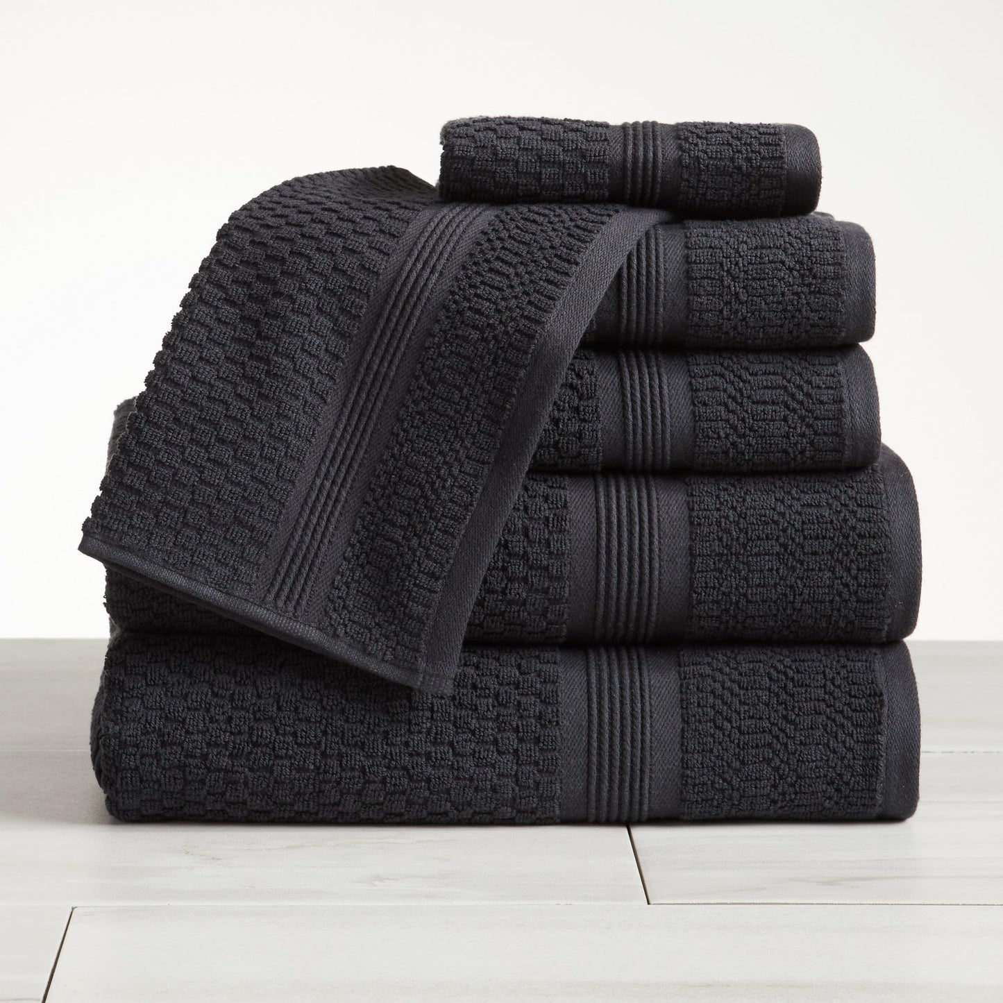 Market & Place 100% Cotton Waffle Weave 6 Piece Towel Set – Soft, Quick-Dry Bath, Hand & Washcloth Towels – Lightweight, Textured Bathroom Set – Black | Zoey Collection