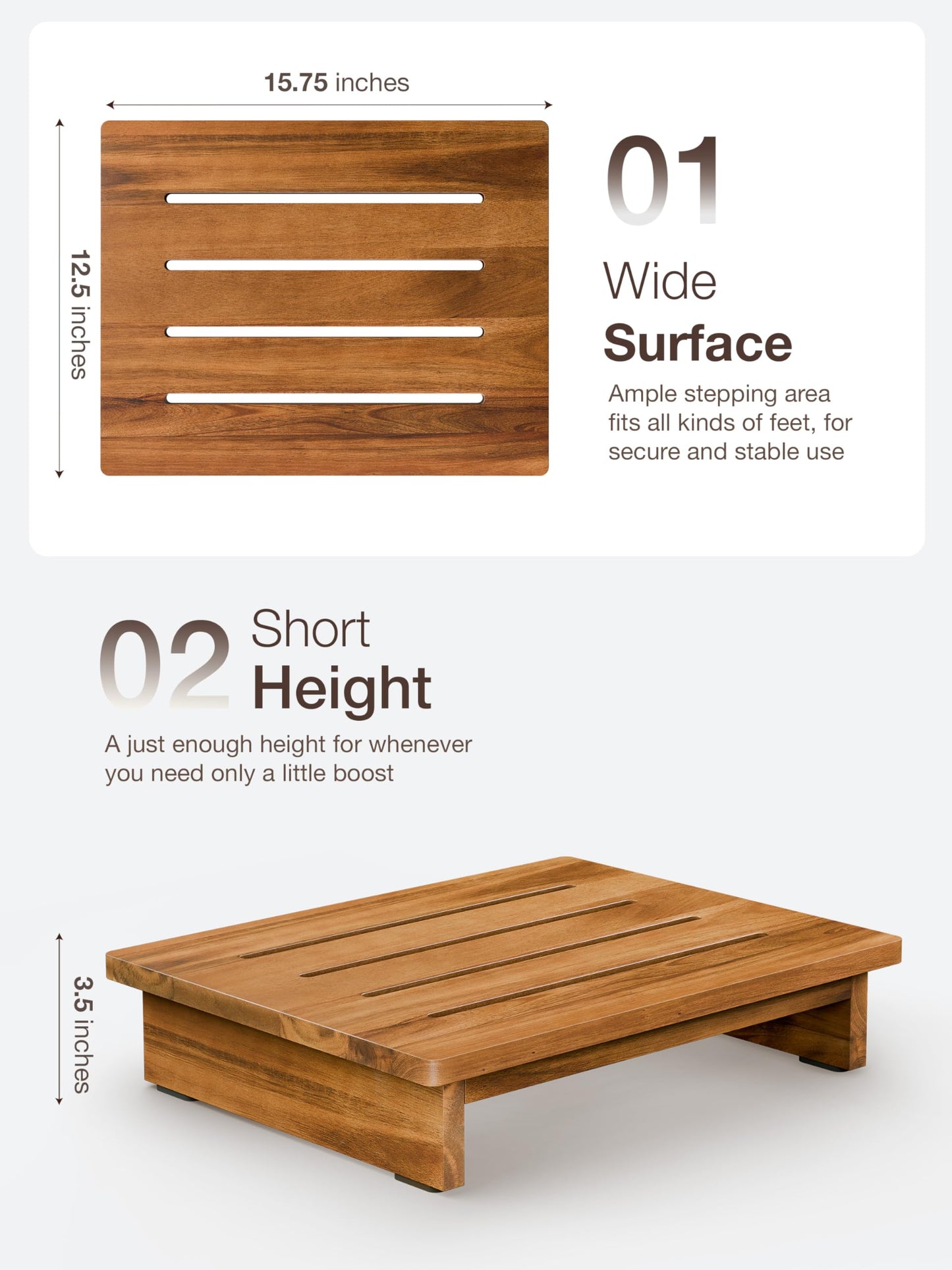 TINAMO 3.5" Acacia Wood One Step Stool for Adults (No Assemble Required)- 500 Lbs Wooden Step Stools Heavy Duty for High Bed Riser, Bathroom, Bedroom - Small Stepping Stool for Elderly, Seniors, Kids