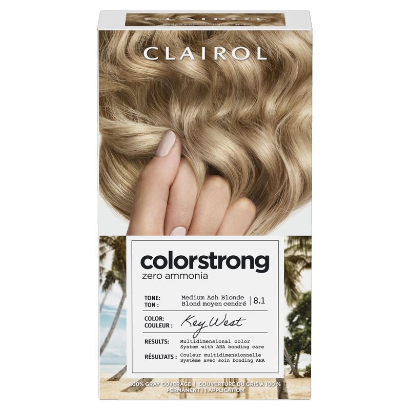 Clairol ColorStrong Permanent Hair Dye, Ammonia‑Free, PPD‑Free, 100% Gray Coverage with Bonding System, 8.1 Medium Ash Blonde - Key West Hair Color, Pack of 1