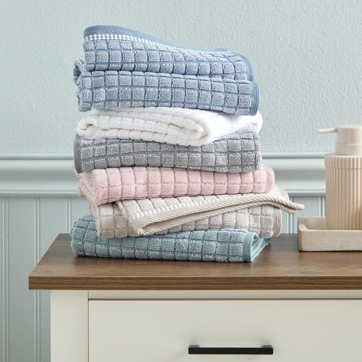 TOWN & COUNTRY EVERYDAY 4-Piece Textured Windowpane Washcloth Set, 13x13-Inch, 100% Cotton, Plush & Absorbent 550GSM, Blue