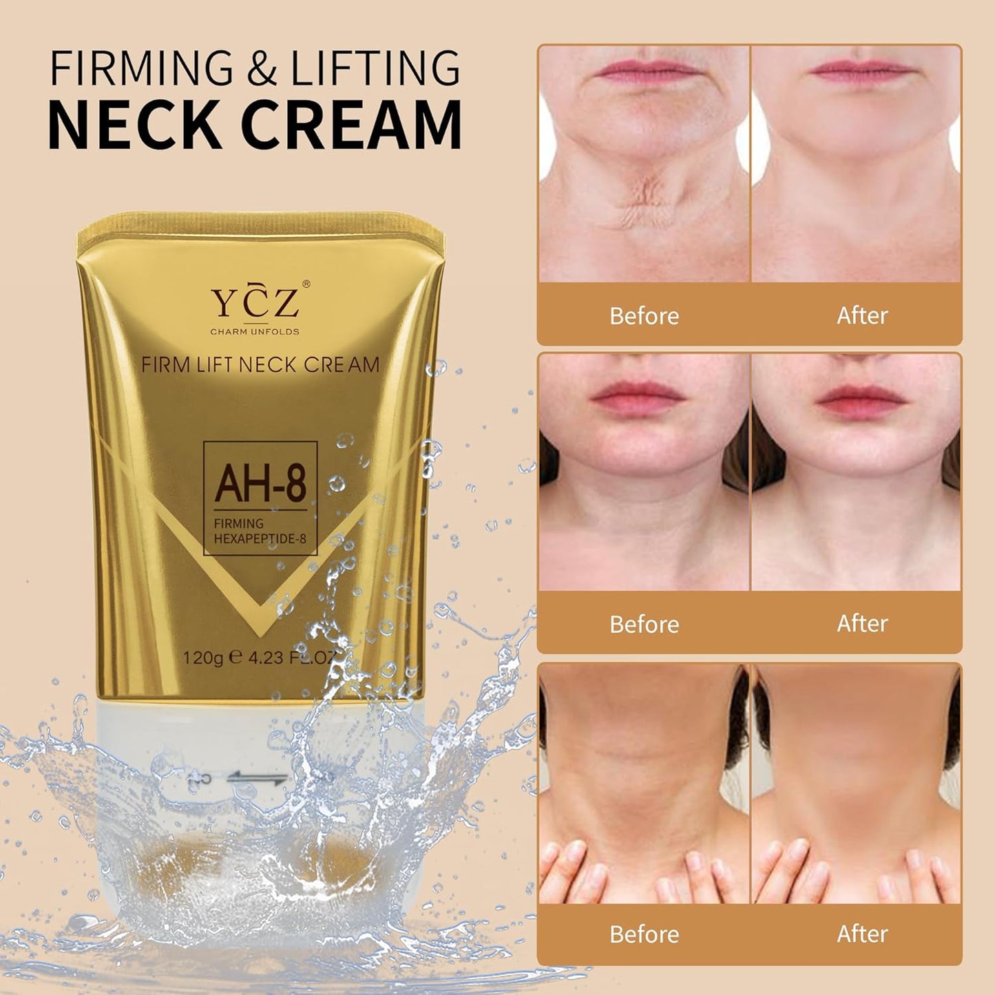 Ycz AH-8 Neck Firming Cream with Roller for Crepey Skin Body Care Comfort, Moisturizing, Anti-Aging Neck Cream with Peptide, Collagen, Smooths Wrinkles & Fine Lines Skin Care Skin Repair