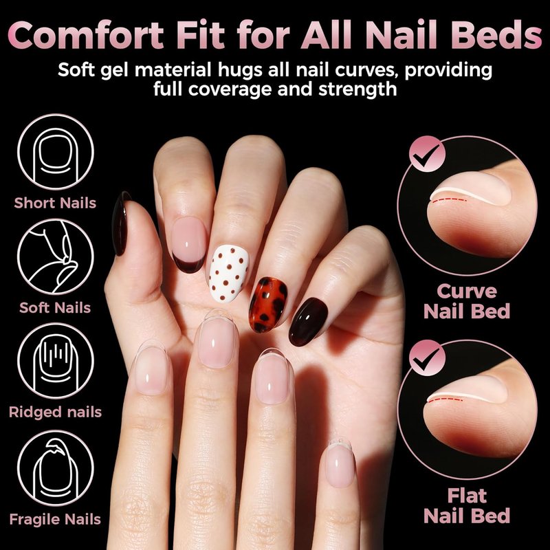 Luckyfairy Short Oval Nail Tips - 240 Pcs Half Matte Clear Gel Acrylic Full Cover for DIY Nail Art | 12 Sizes
