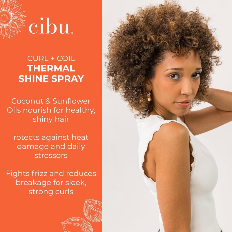 CIBU Curl + Coil Thermal Shine Spray - Heat Protectant for Hair | Prevents Damage from Blow Drying & Styling | 8 oz
