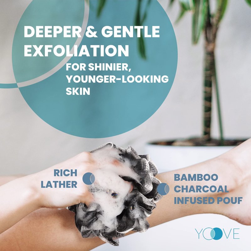 Loofah with Handle | Bamboo Charcoal Infused Loofah Back Scrubber for Shower | Exfoliating Back Loofah for Shower for Men & Women | Includes 1 Loofah on a Stick,1 Loofa Pouf and 1 Hook