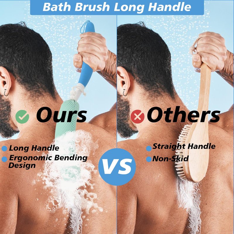 KkaFFe Back Scrubber for Shower，Mesh Sponge Body Shower Brush with Long Handle for Use in Shower Back Scrubber,Back Scrub for Exfoliating Body Scrubber or Shower Brush (Blue and White)