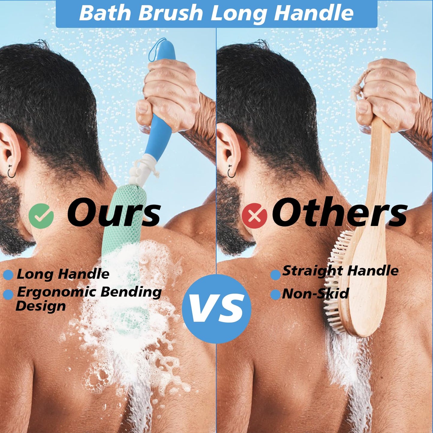KkaFFe Back Scrubber for Shower，Mesh Sponge Body Shower Brush with Long Handle for Use in Shower Back Scrubber,Back Scrub for Exfoliating Body Scrubber or Shower Brush (Blue and Blue)
