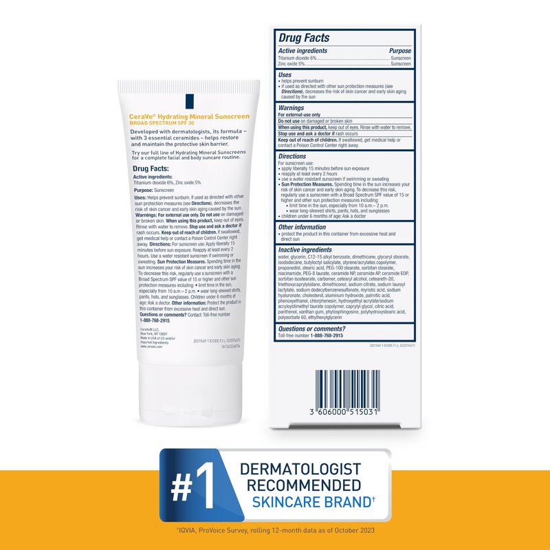 CeraVe 100% Mineral Sunscreen SPF 30, Face sunscreen With Zinc Oxide & Titanium Dioxide, Hyaluronic Acid + Niacinamide + Ceramides, Oil Free, Travel Size 2.5 oz