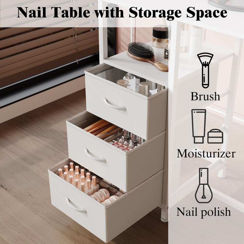 NinPeen Nail Table with dust Collector，Small Manicure Table with Drawers for Nail tech，Nail Station with Open Shelf for Home,Workshop,Makeup Beauty Salon Workstation (White)