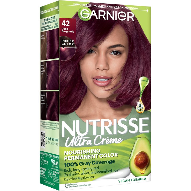 Garnier Nutrisse Ultra Crème Hair Color, Permanent Hair Dye with 100% Gray Coverage, Vegan & Cruelty-Free, 42 Deep Burgundy (Black Cherry), 1 Count