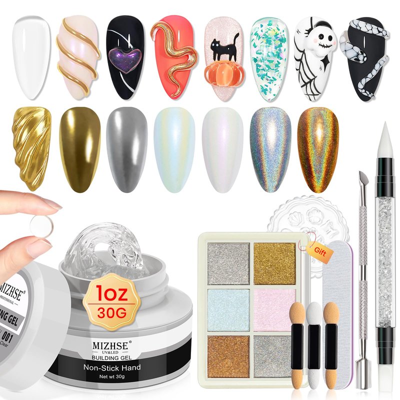 MIZHSE Solid Builder Gel - 1 oz Clear Non Stick Hand Hard Gel with 6 Colors Chrome Powder Nail Form Extension Kit for Nail Salon Home DIY