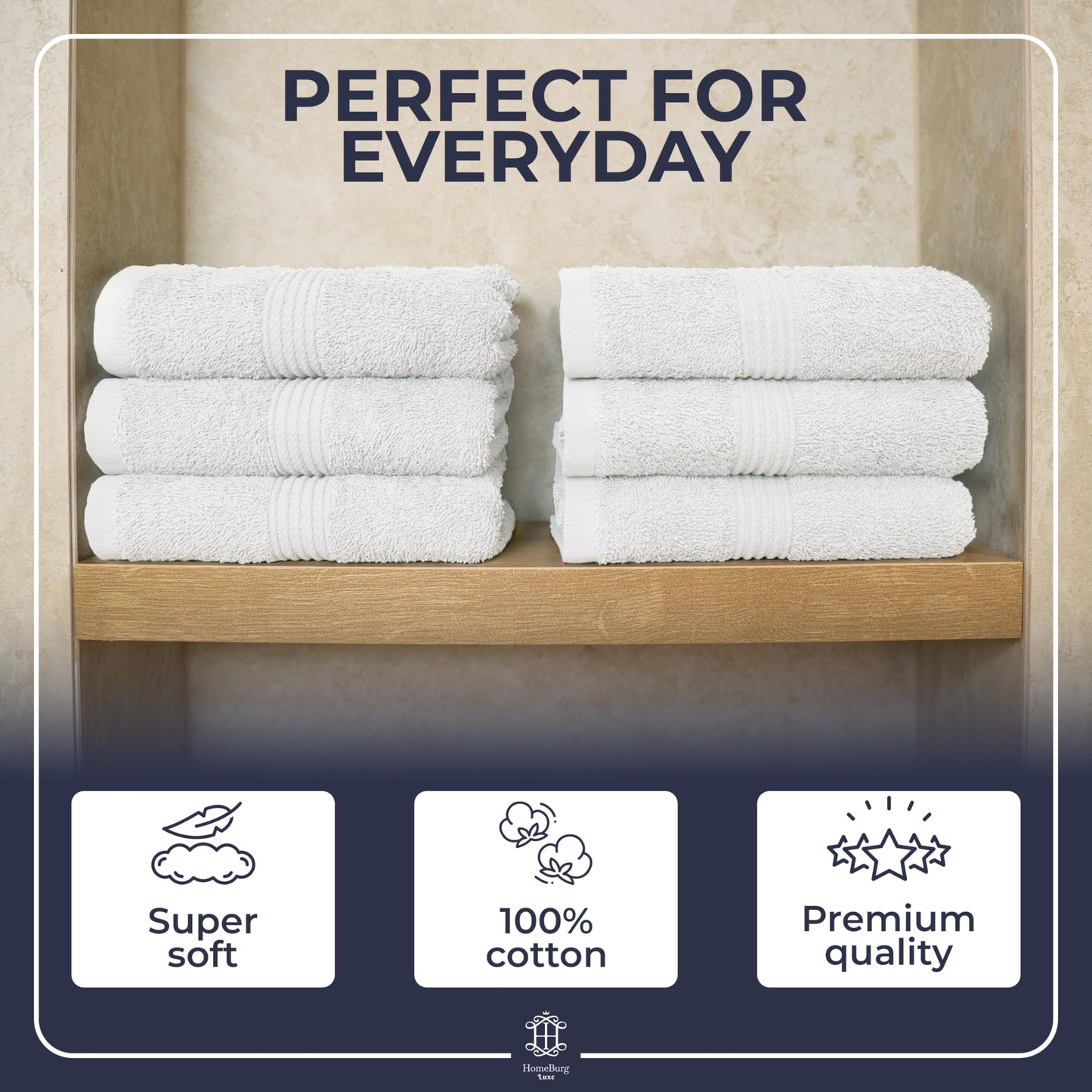 HomeBurg Luxe 6-Piece Hand Towel Set – Soft & Absorbent Cotton, Hotel Quality, Quick-Drying, Easy Care, 16 x 28 in (White)